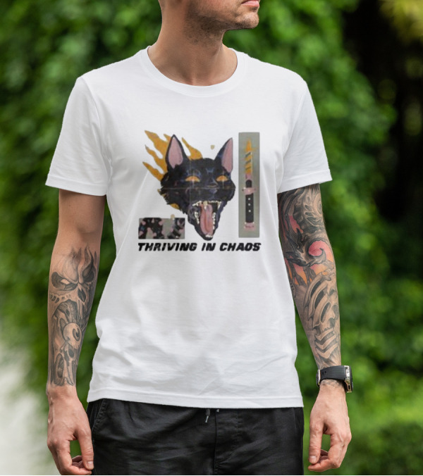 Galactixy Thriving In Chaos Cat With Flames And Dagger T-Shirt