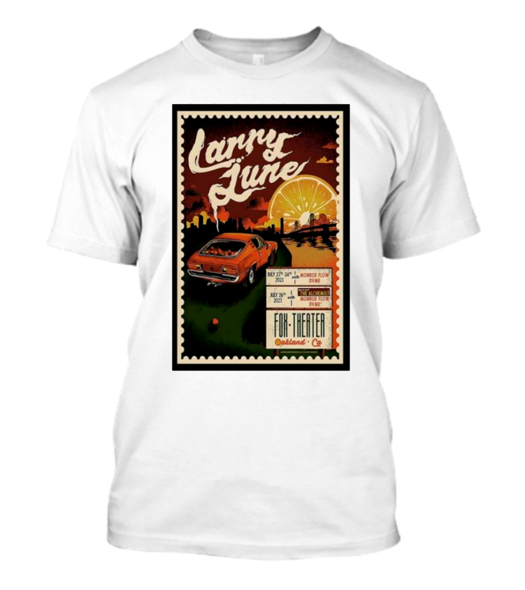 Larry June Fox Theater Oakland CA Car And Orange Skyline Tour Dates T-Shirt