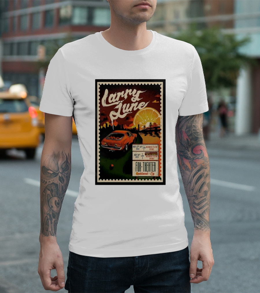 Larry June Fox Theater Oakland CA Car And Orange Skyline Tour Dates T-Shirt