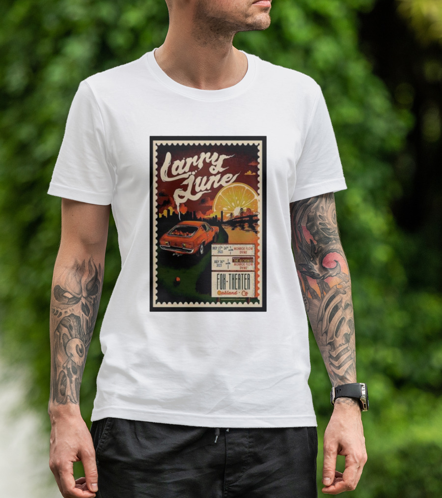 Larry June Fox Theater Oakland CA Car And Orange Skyline Tour Dates T-Shirt