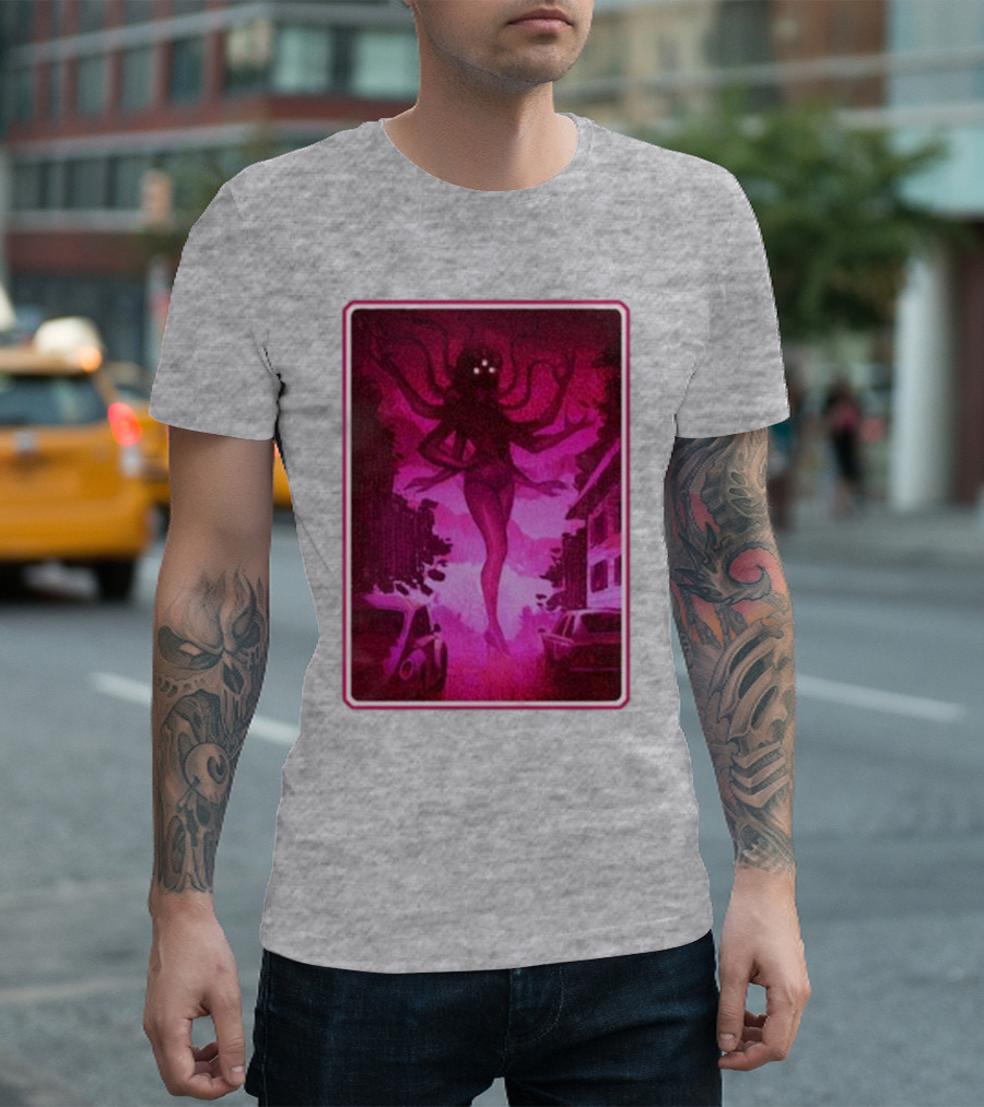 Eldritch Horror Barbie Pink Tentacled Figure In Dark Street Scene T-Shirt