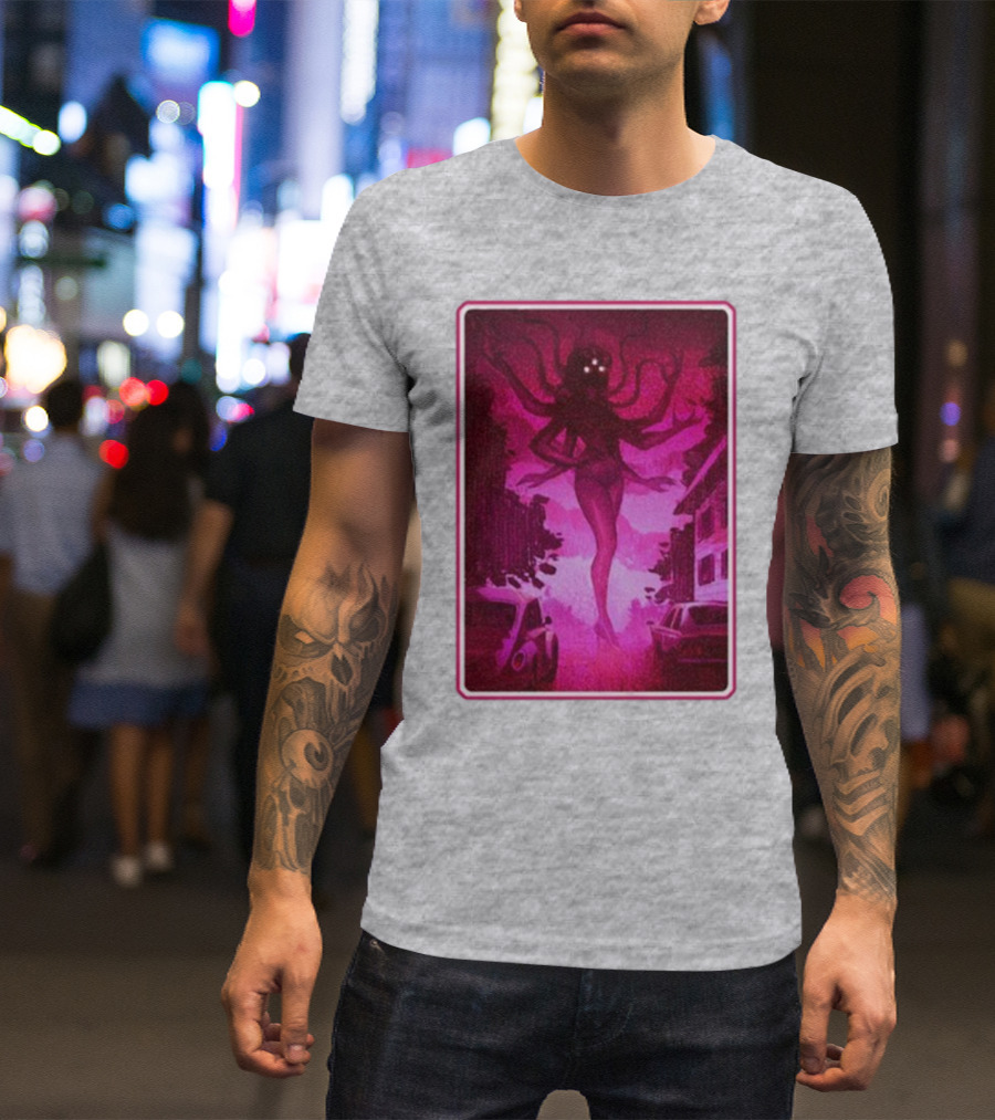 Eldritch Horror Barbie Pink Tentacled Figure In Dark Street Scene T-Shirt