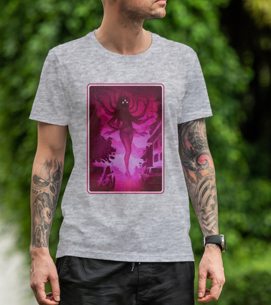 Eldritch Horror Barbie Pink Tentacled Figure In Dark Street Scene T-Shirt