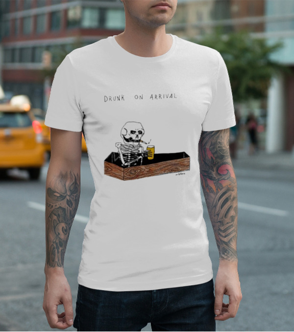Matt Gray Drunk On Arrival Skeleton In Coffin Holding Drink T-Shirt