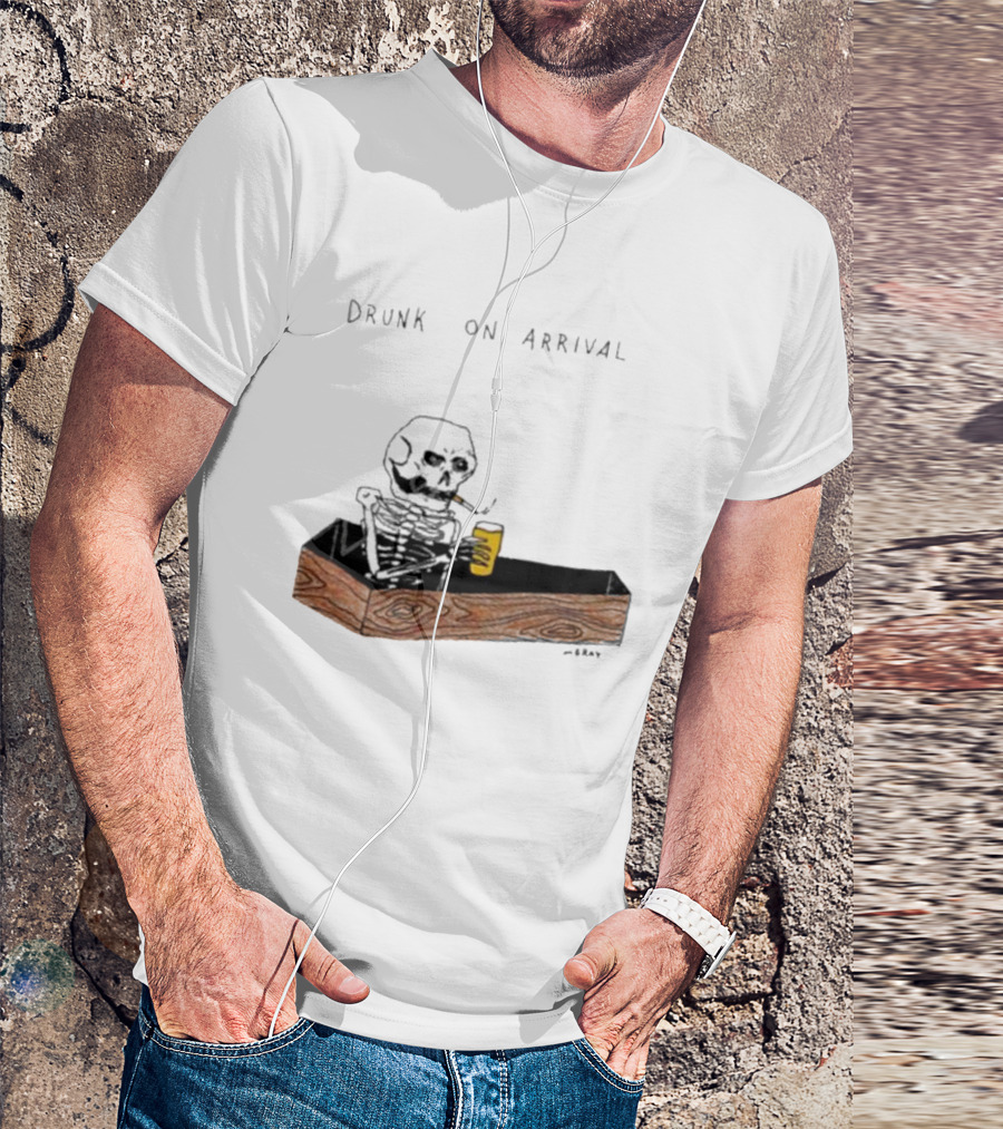 Matt Gray Drunk On Arrival Skeleton In Coffin Holding Drink T-Shirt