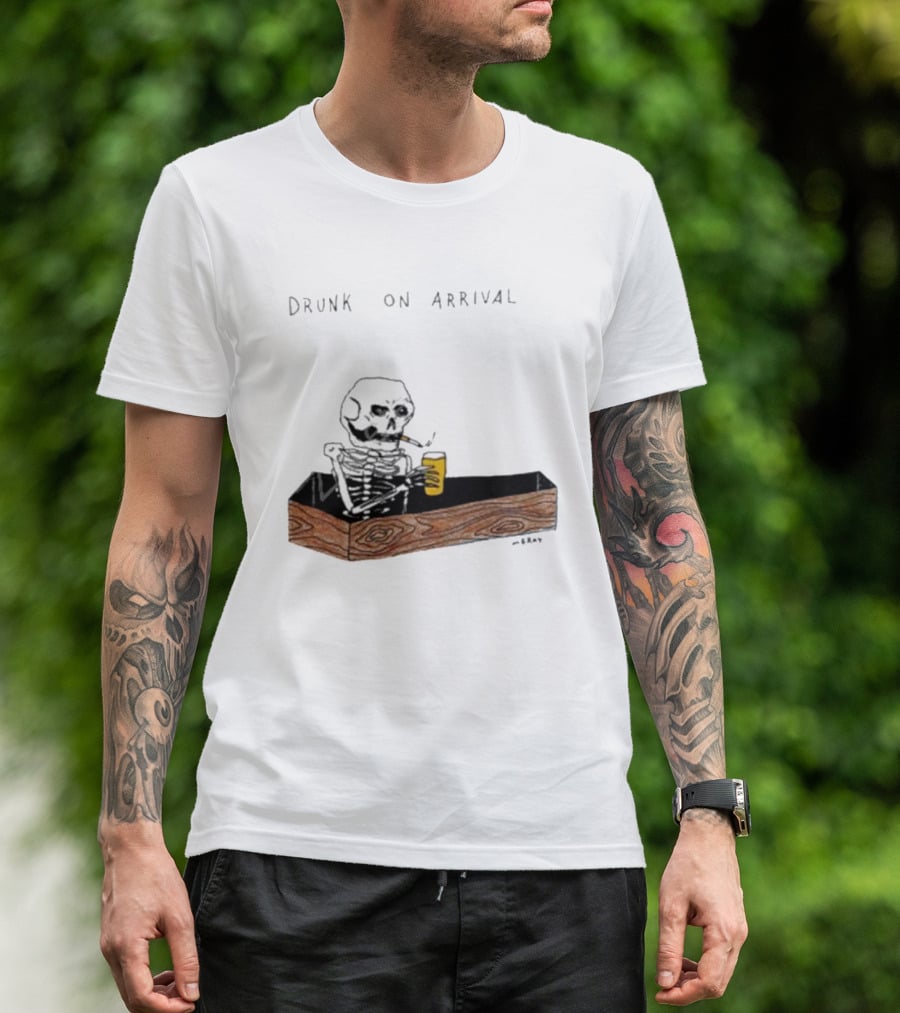 Matt Gray Drunk On Arrival Skeleton In Coffin Holding Drink T-Shirt