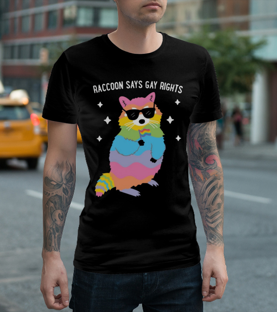Raccoon Says Gay Rights Pride Rainbow Sunglasses Flag T-Shirt