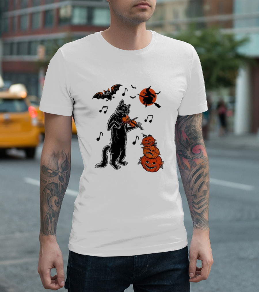 Black Cat Playing Violin with Witch, Devilish Bat, and Stacked Pumpkins Halloween T-Shirt