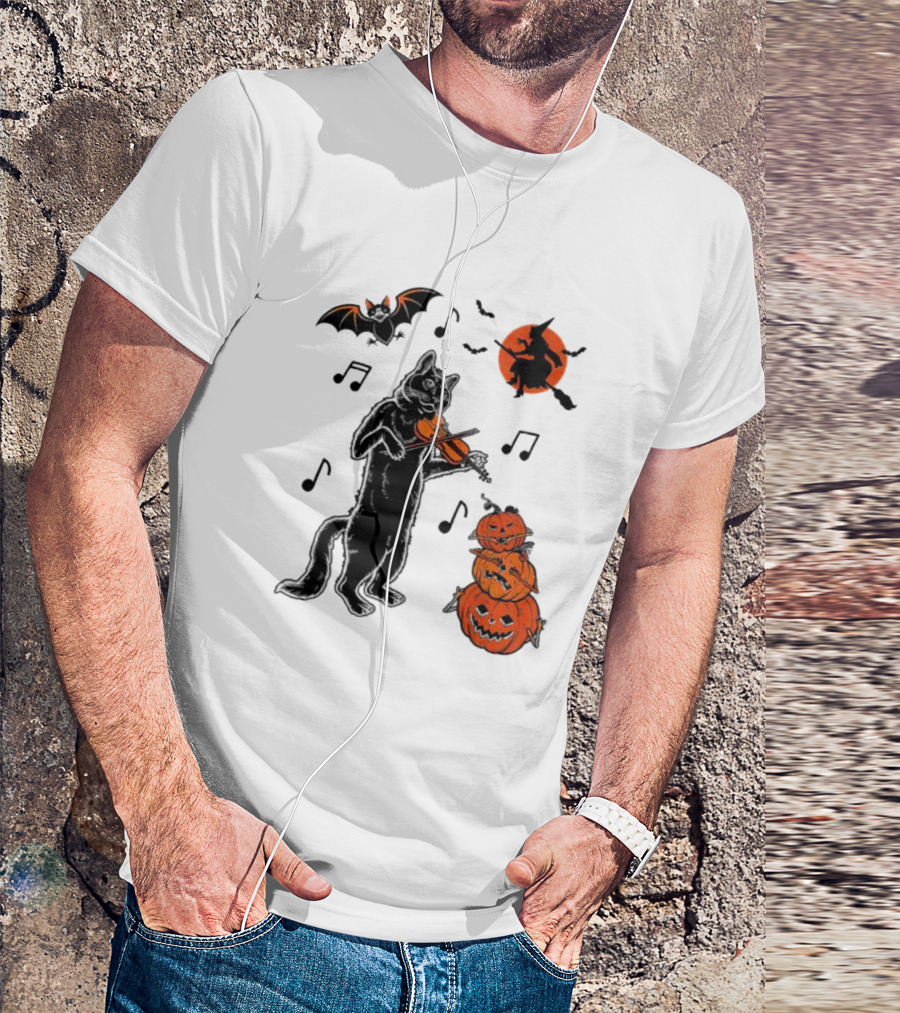 Black Cat Playing Violin With Witch, Devilish Bat, And Stacked Pumpkins Halloween T-Shirt