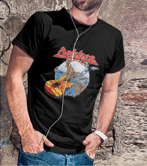 1980s Dokken Rokken With Dokken Flaming Guitar Chained To Globe T-Shirt