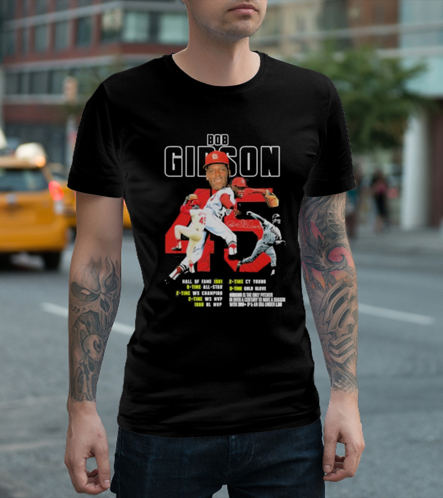 Bob Gibson St Louis Cardinals Hall of Fame MLB Legend Pitcher Career Highlights 45 T-Shirt