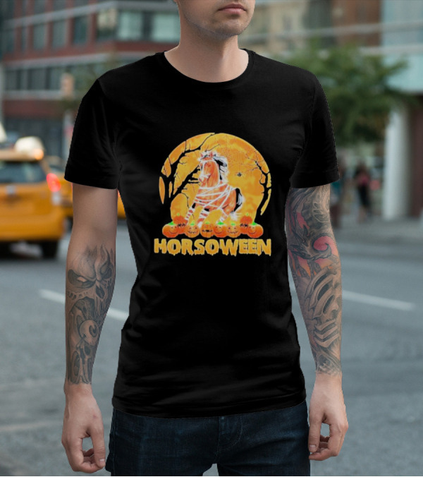 Horsoween Bandaged Horse Spider Web Haunted Pumpkins Red Moon Halloween T-Shirt
