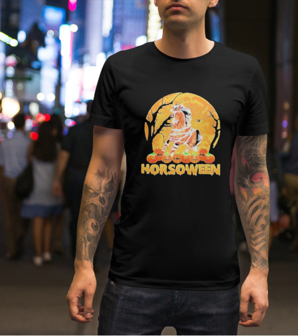 Horsoween Bandaged Horse Spider Web Haunted Pumpkins Red Moon Halloween T-Shirt