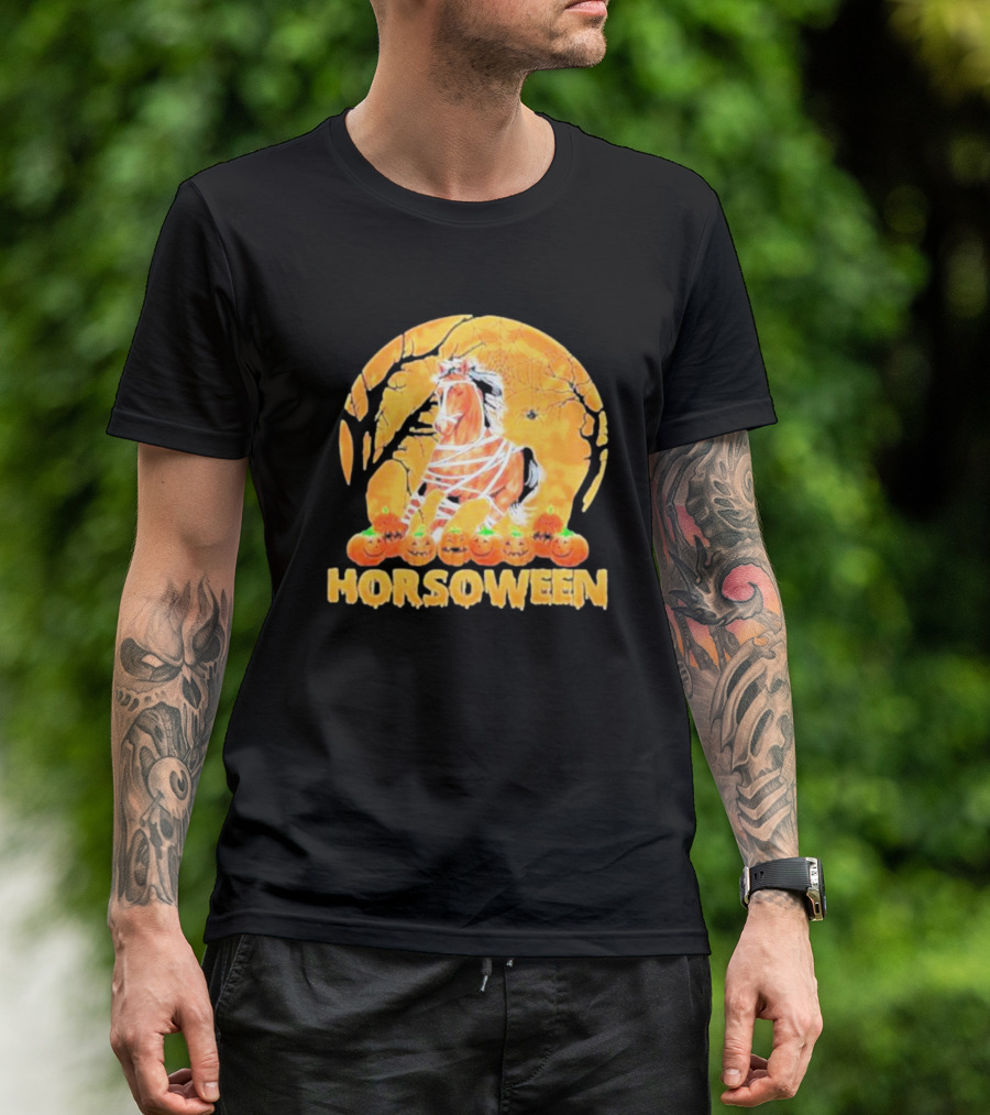 Horsoween Bandaged Horse Spider Web Haunted Pumpkins Red Moon Halloween T-Shirt
