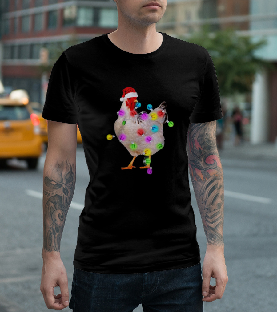 Chicken In Santa Hat With Colorful Christmas Lights T-Shirt