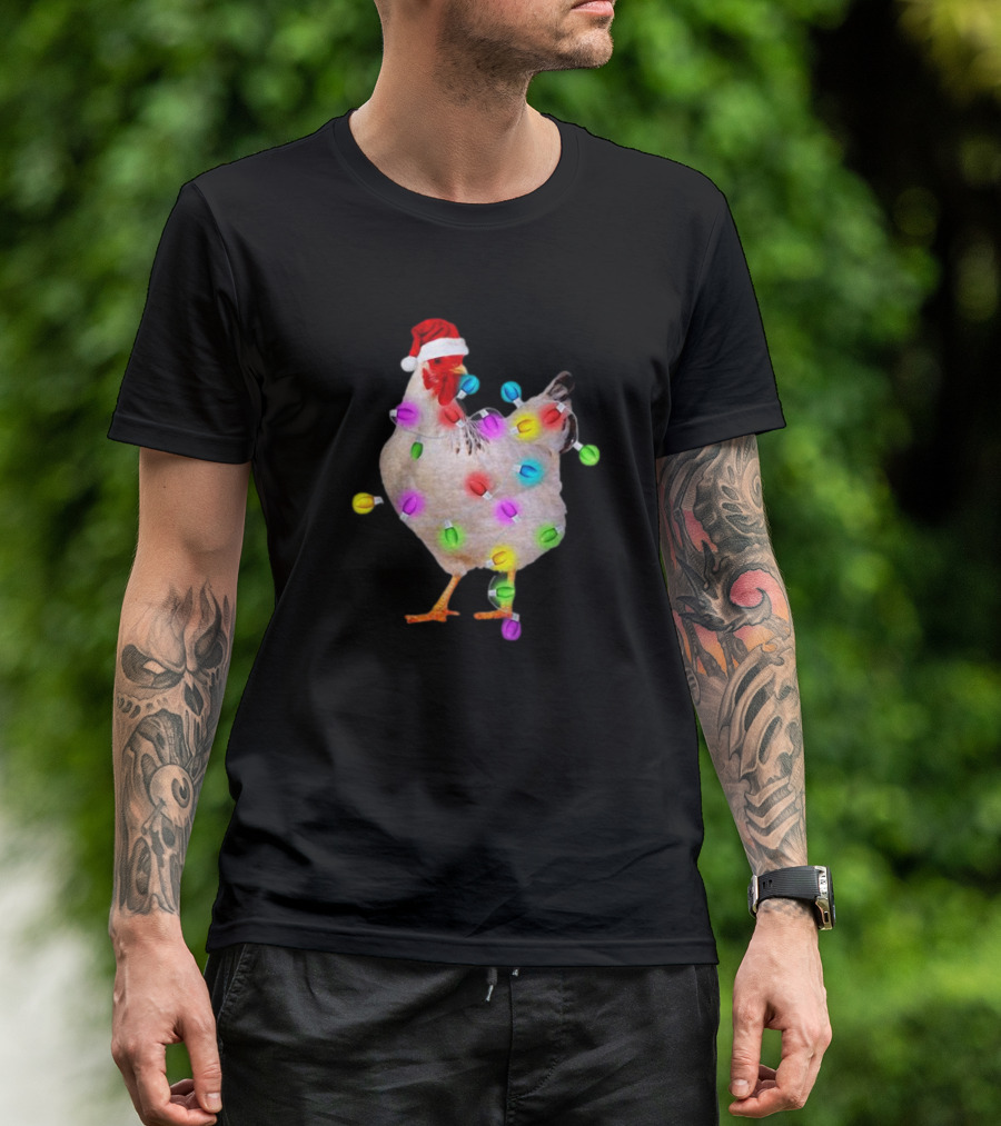 Chicken In Santa Hat With Colorful Christmas Lights T-Shirt