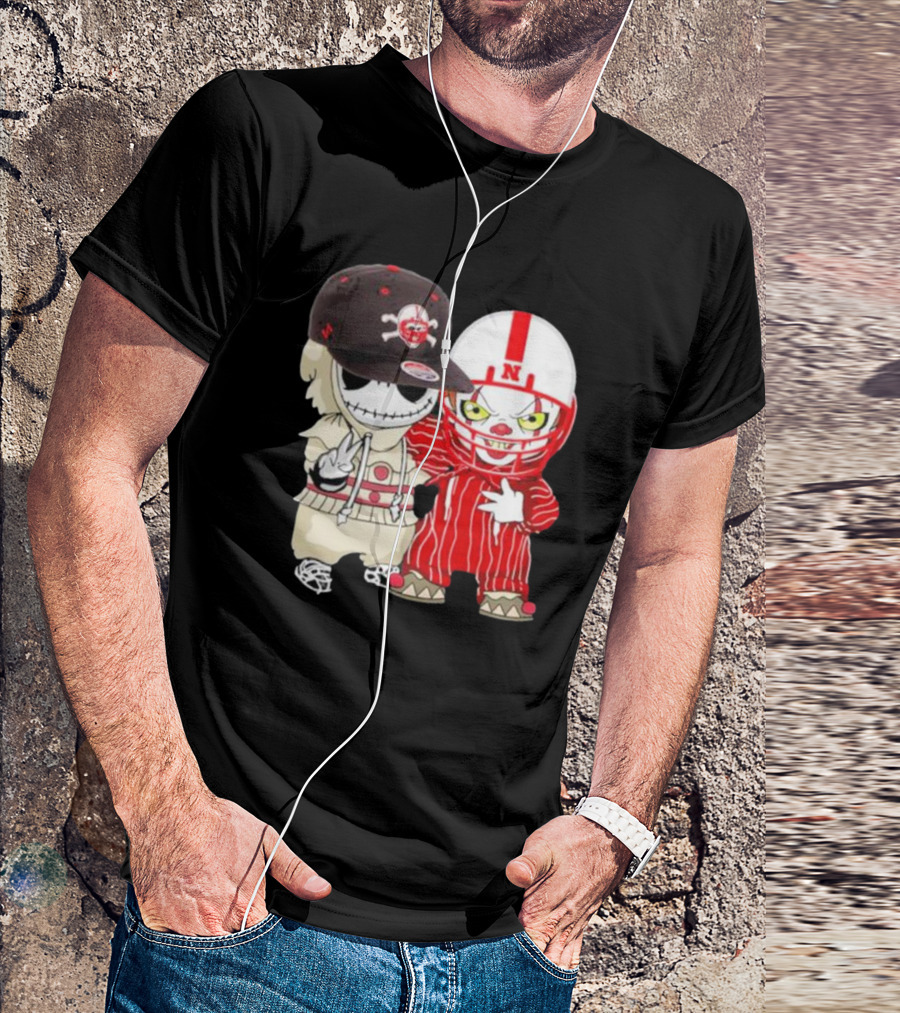 Baby Jack Skellington And Pennywise Nebraska Cornhuskers Halloween Characters T-Shirt