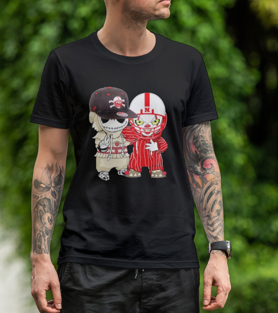 Baby Jack Skellington And Pennywise Nebraska Cornhuskers Halloween Characters T-Shirt