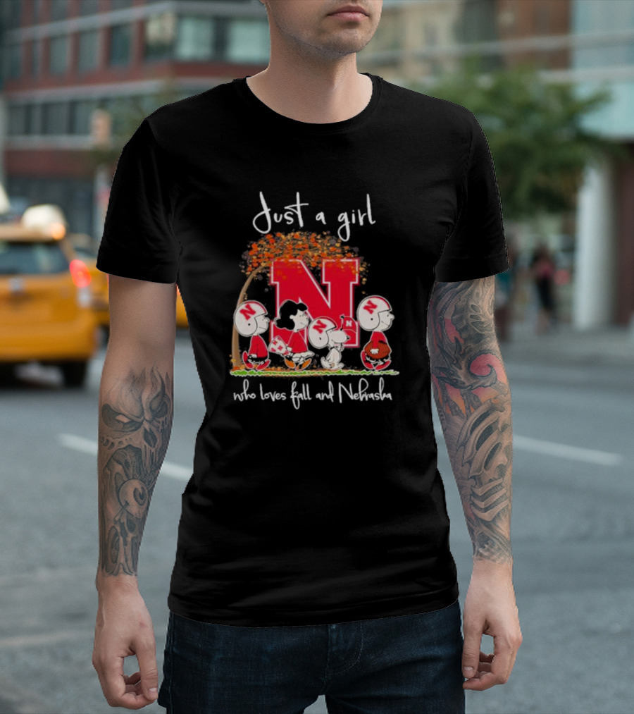 Just a Girl Who Loves Fall and Nebraska Peanuts Gang Football T-Shirt