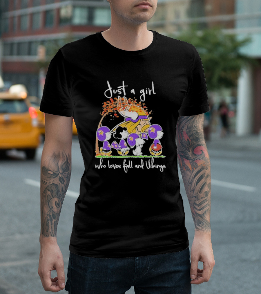 Just A Girl Who Loves Fall And Vikings Peanuts Characters Autumn Leaves T-Shirt