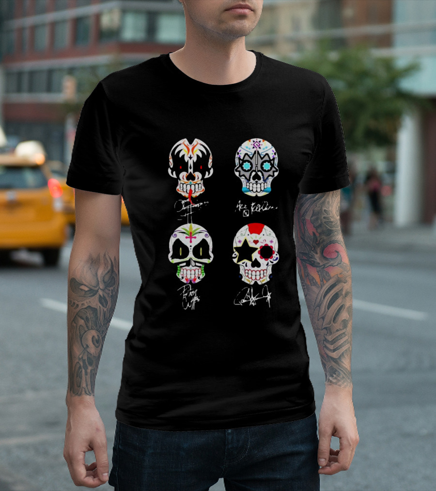 Kiss Band 4 Skull Faces Simmons Stanley Frehley Criss Signature T-Shirt