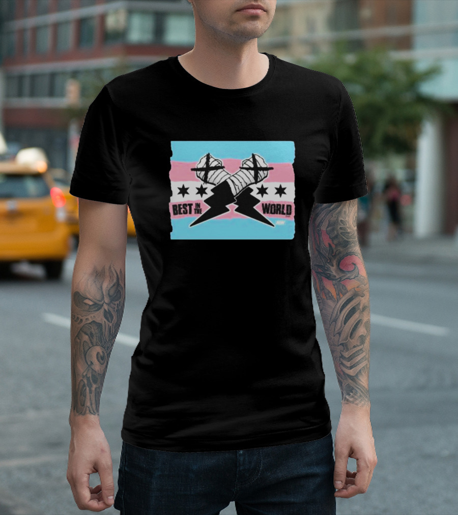 shopaew cm punk best in the world trans pride flag with fists and stars T-Shirt