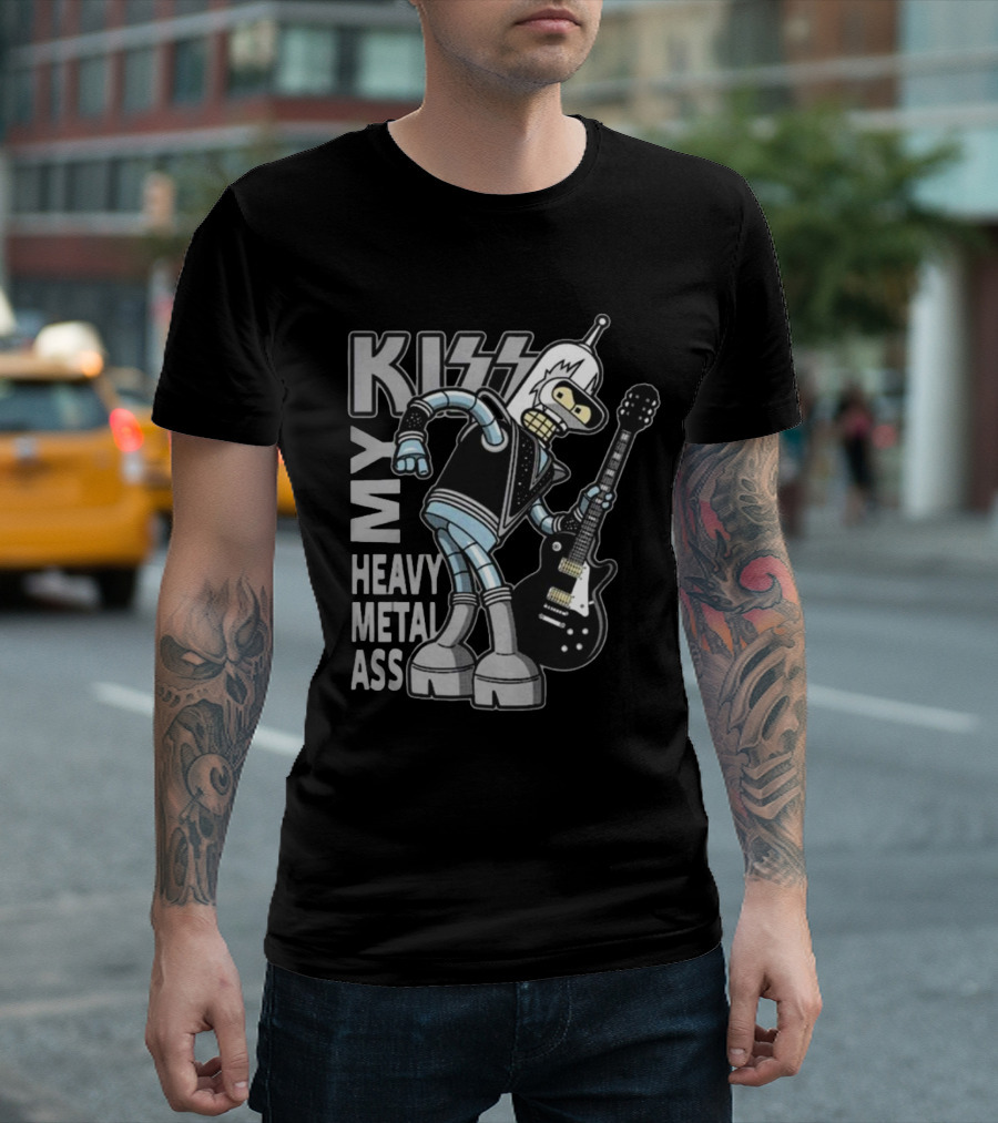 Kiss My Heavy Metal Ass Bender Robot With Guitar T-Shirt