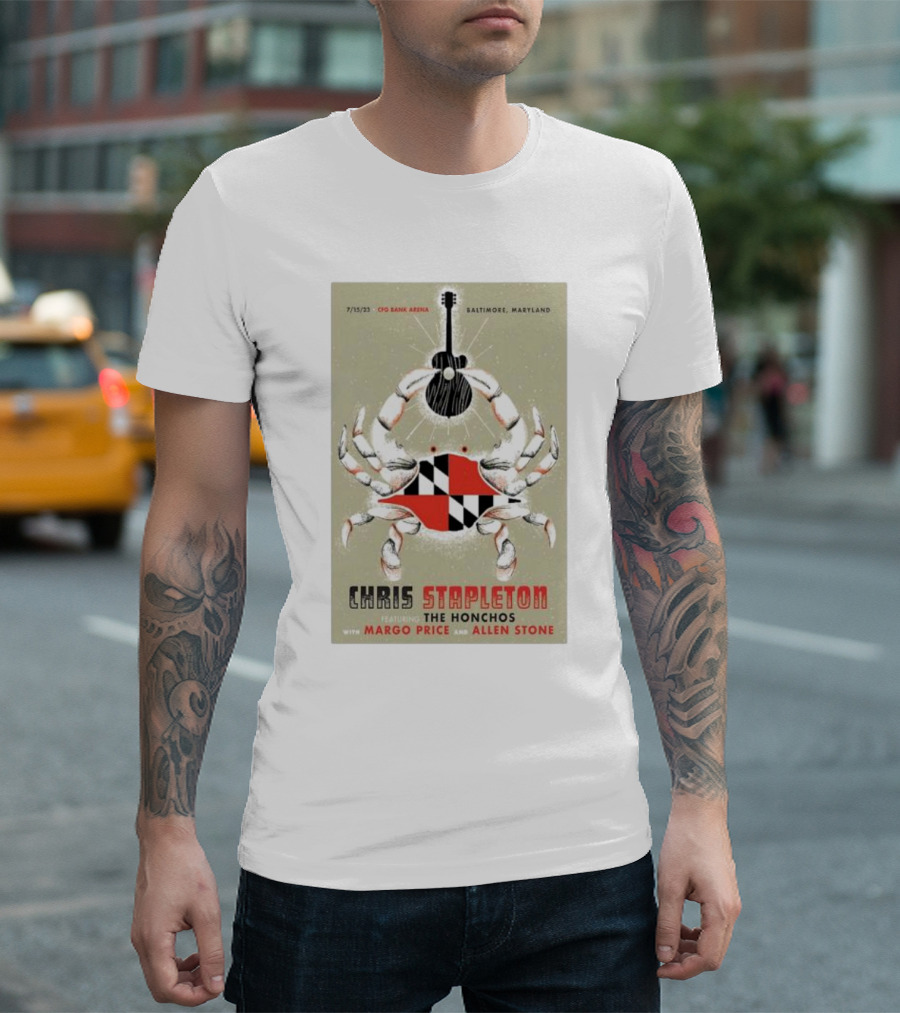 7/15/23 Chris Stapleton Baltimore Maryland Featuring The Honchos with Margo Price and Allen Stone Crab Guitar Art CFO Bank Arena T-Shirt