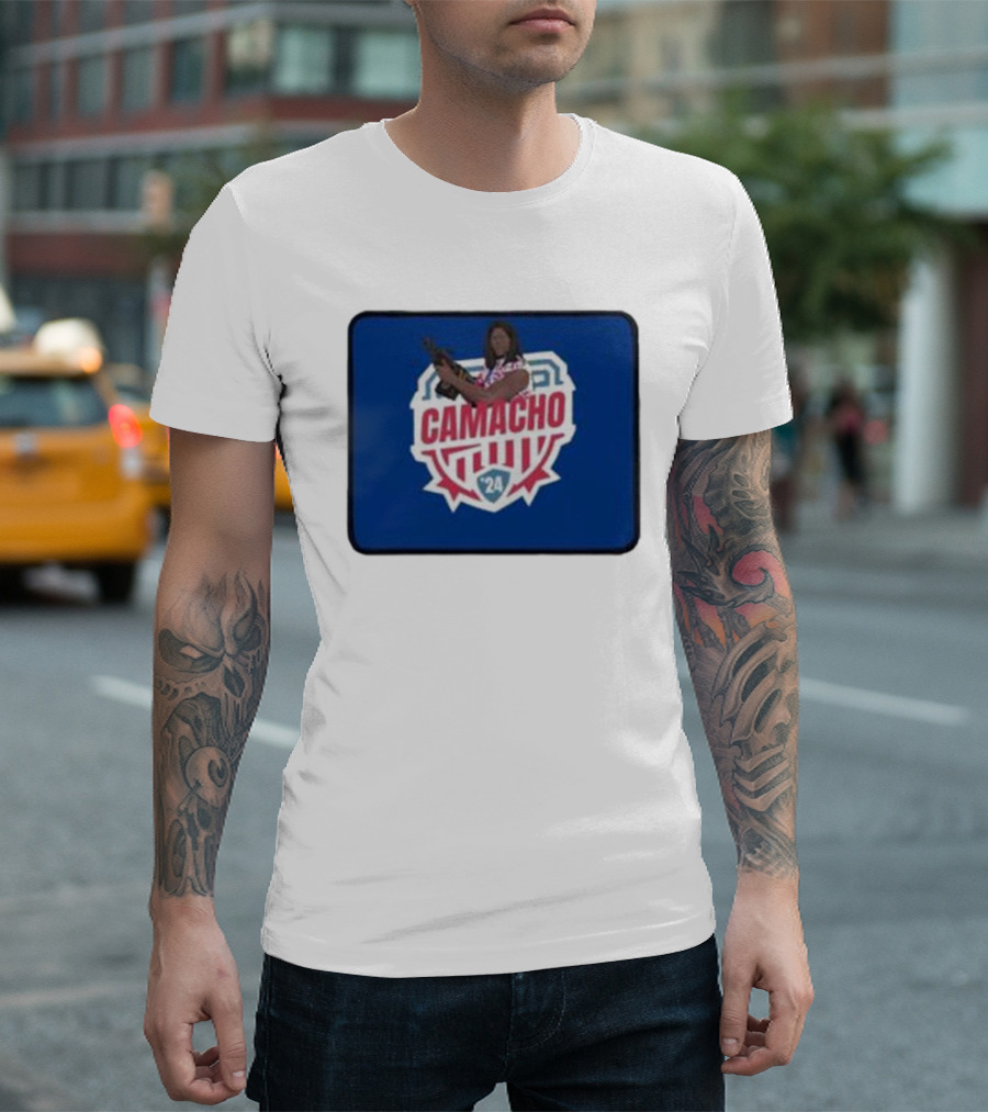 Camacho 2024 Idiocracy Shield Gun Image T-Shirt