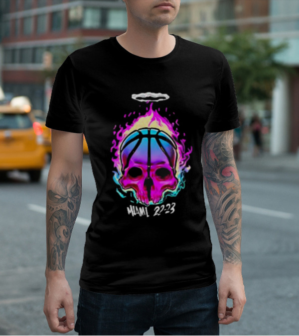 Kiwiclo Miami 22-23 Flaming Skull Basketball Halo T-Shirt