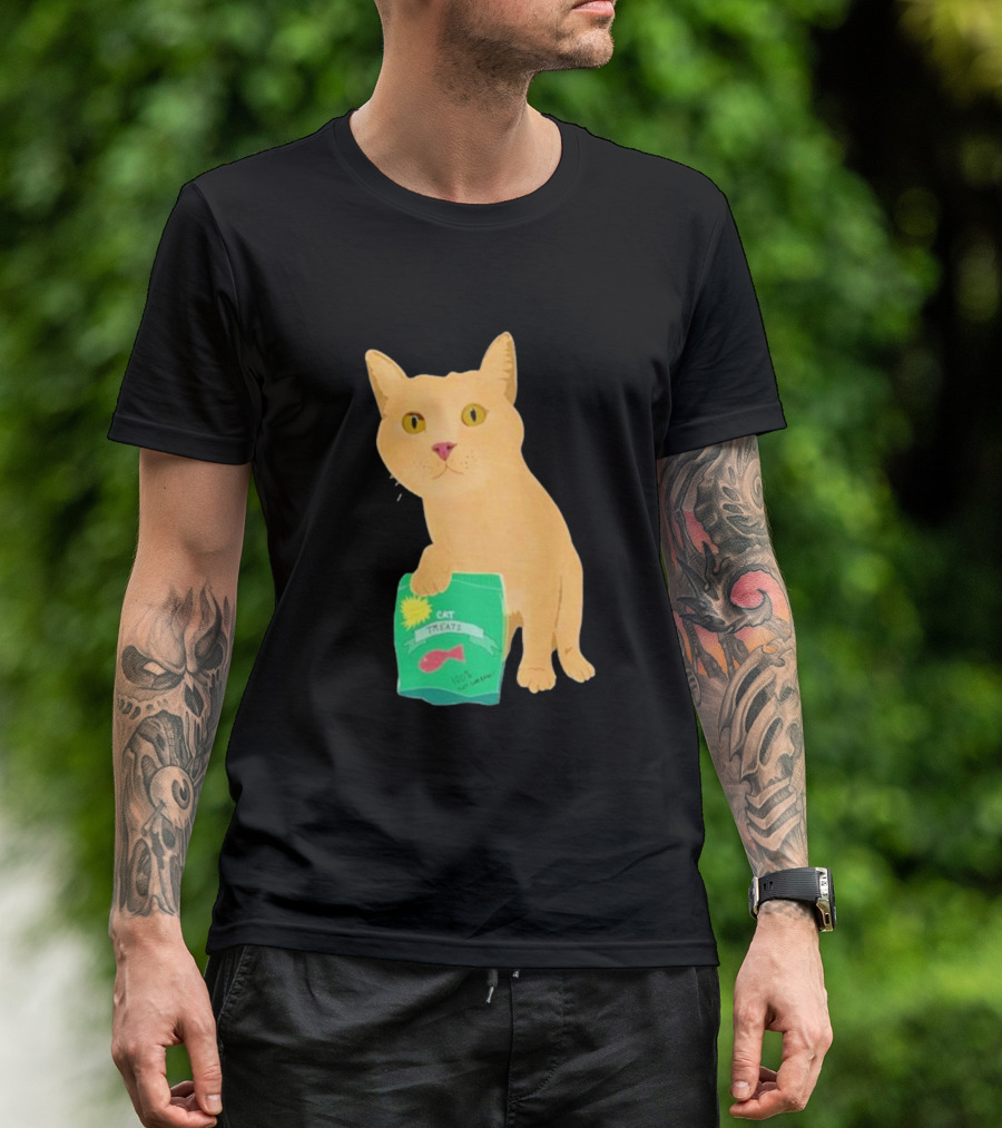 Cat Holding Bag With Cat Treats 100% Not Garbage T-Shirt