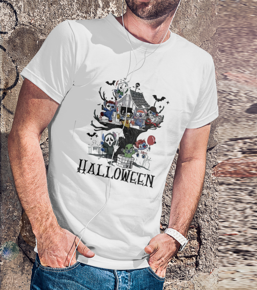 Halloween Stitch Horror Movie Characters Treehouse Scene T-Shirt