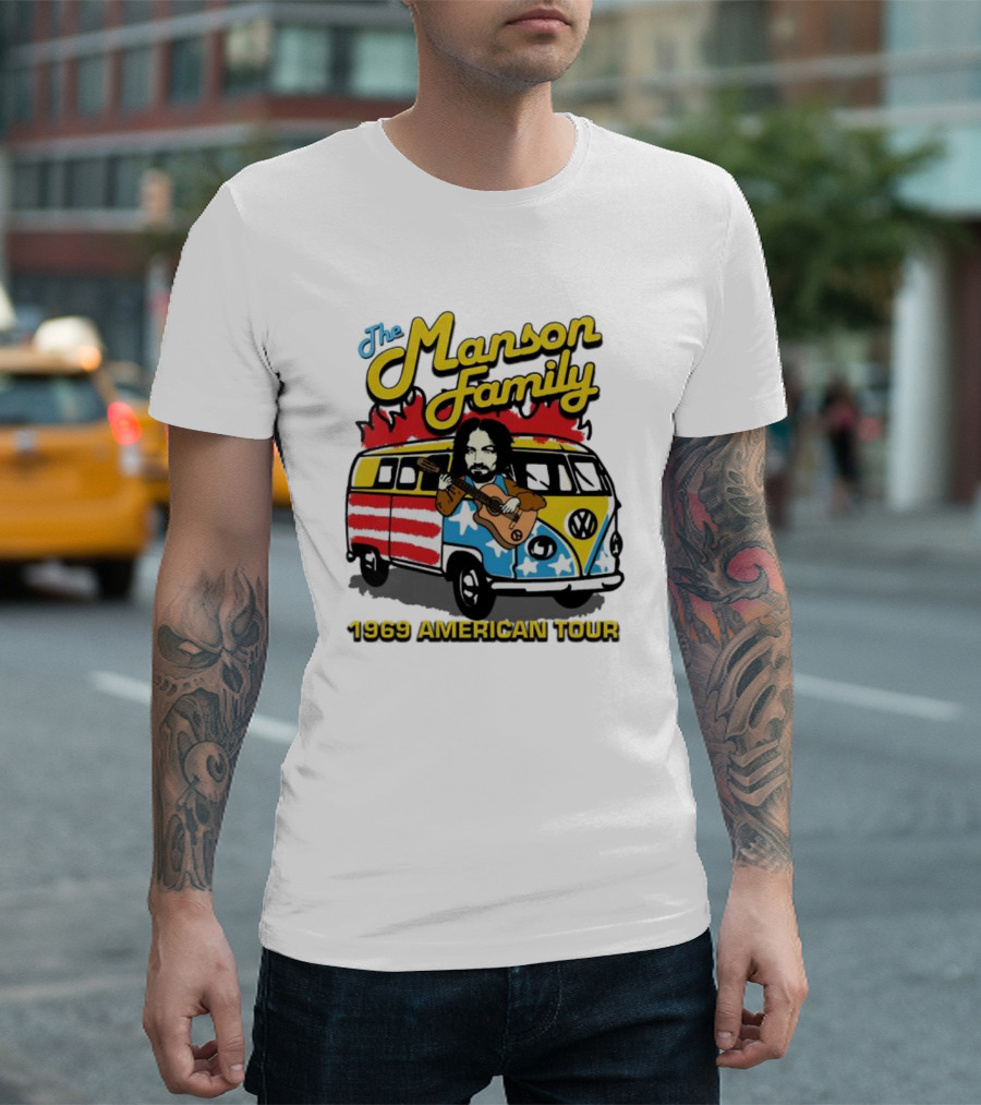 The Manson Family 1969 American Tour VW Van with Flames and Guitar T-Shirt