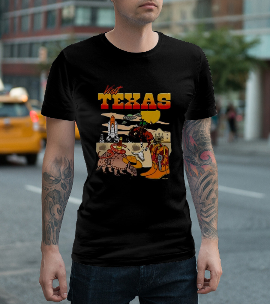 Visit Texas Armadillo Rocket Cowboy Boots Spaceship Rodeo Cowboy T-Shirt