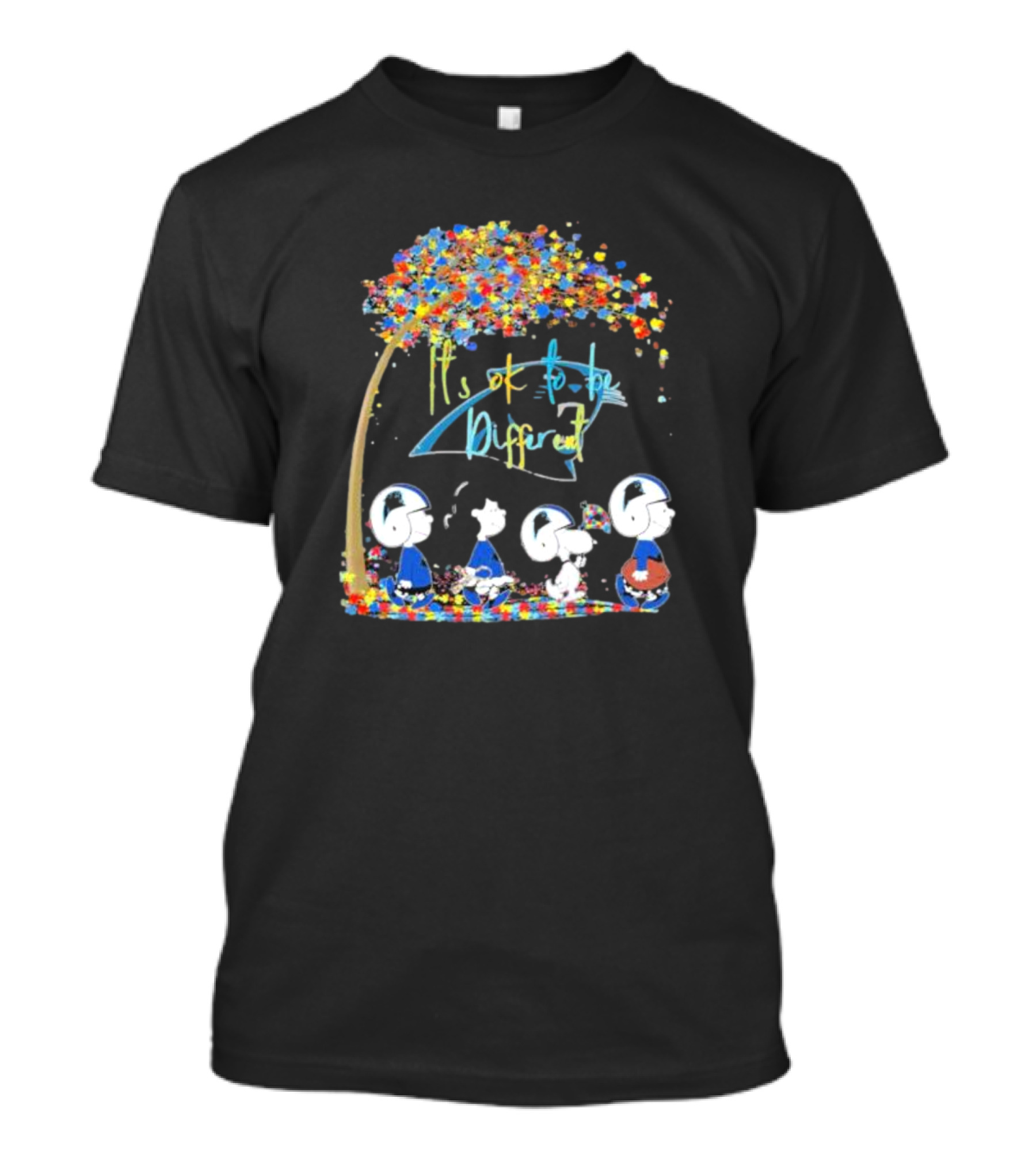 Carolina Panthers NFL It's Ok To Be Different Peanuts Characters Under Colorful Tree T-Shirt