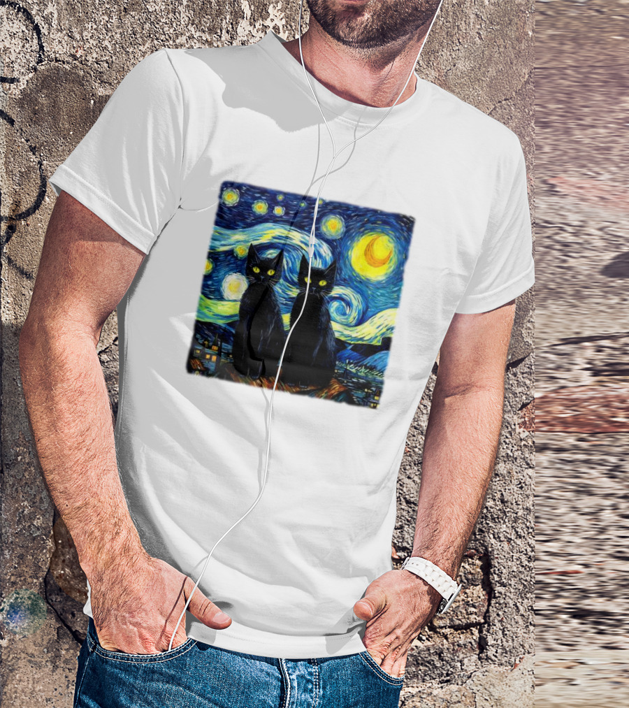 Black Cats Starry Night Vincent Van Gogh Painting Fusion T-Shirt