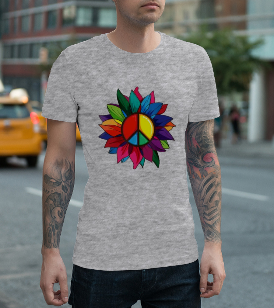 Hippie Rainbow Peace Sign Colorful Flower T-Shirt