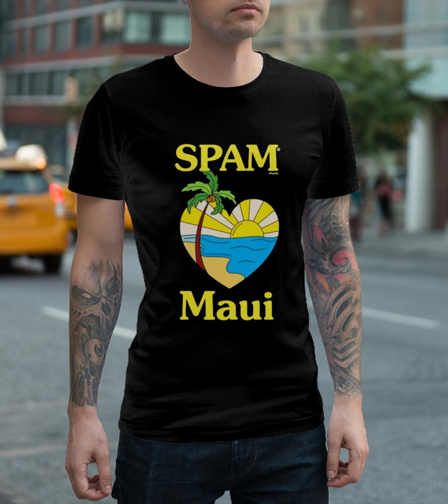 SPAM Brand Maui Heart Beach Sunset and Palm Tree T-Shirt