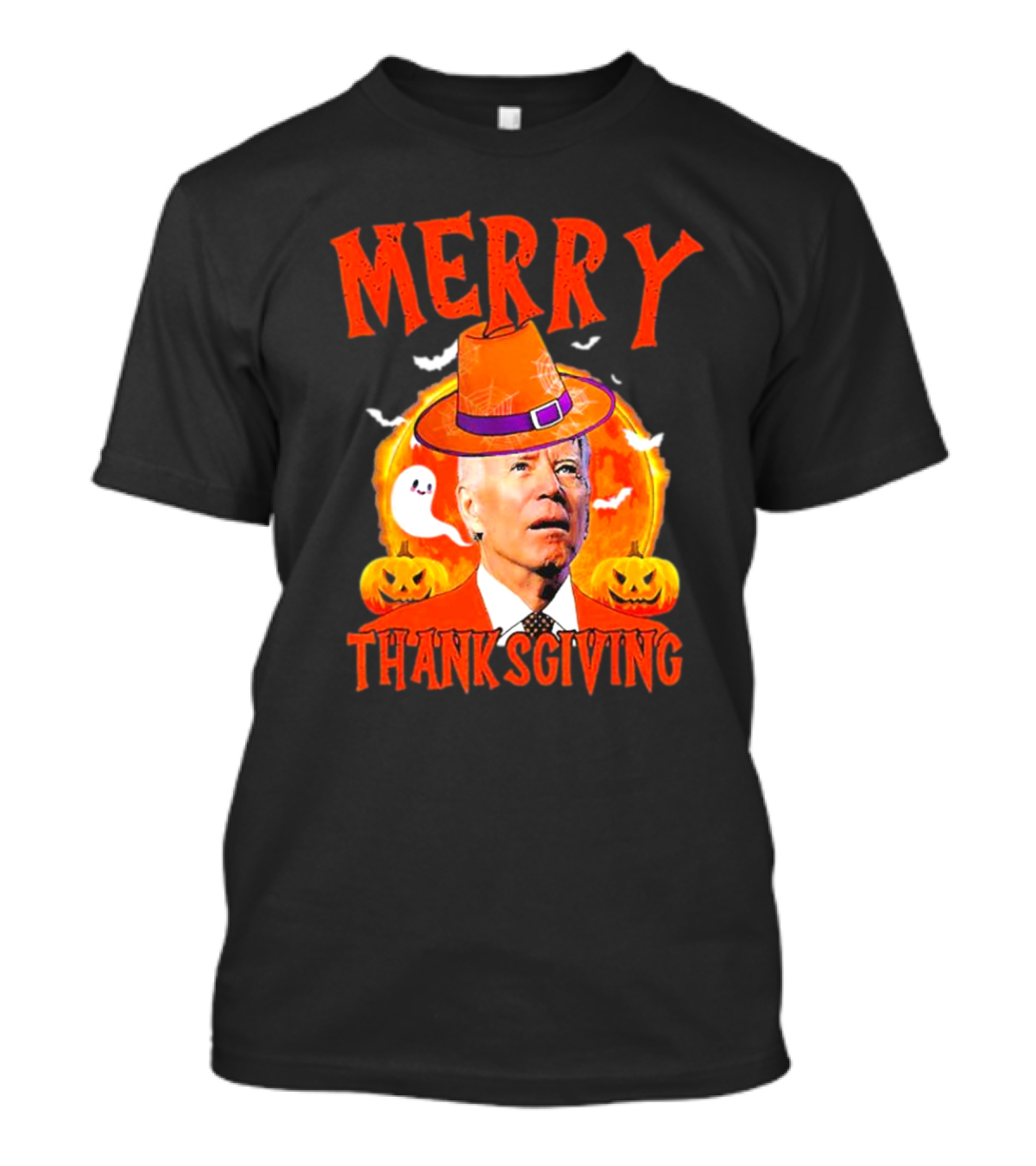 Merry Thanksgiving Joe Biden Halloween Pumpkins Ghosts And Bats T-Shirt