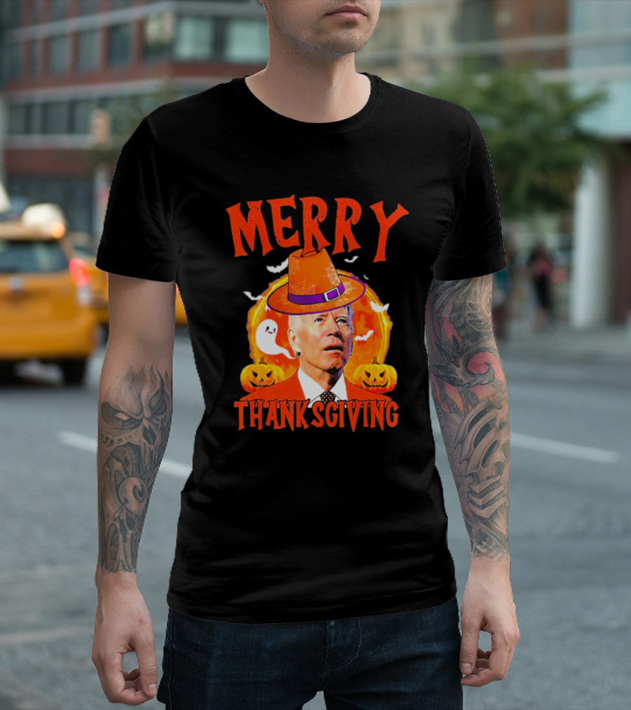 Merry Thanksgiving Joe Biden Halloween Pumpkins Ghosts And Bats T-Shirt