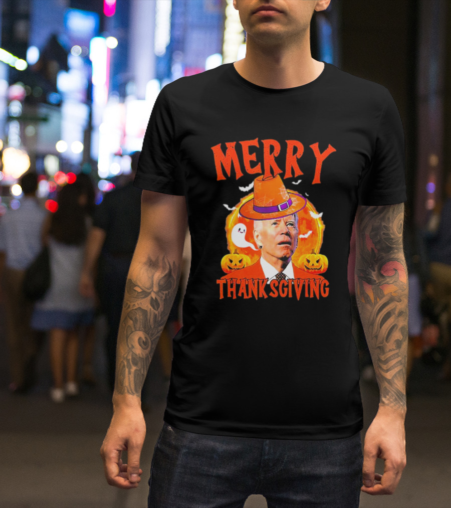 Merry Thanksgiving Joe Biden Halloween Pumpkins Ghosts And Bats T-Shirt