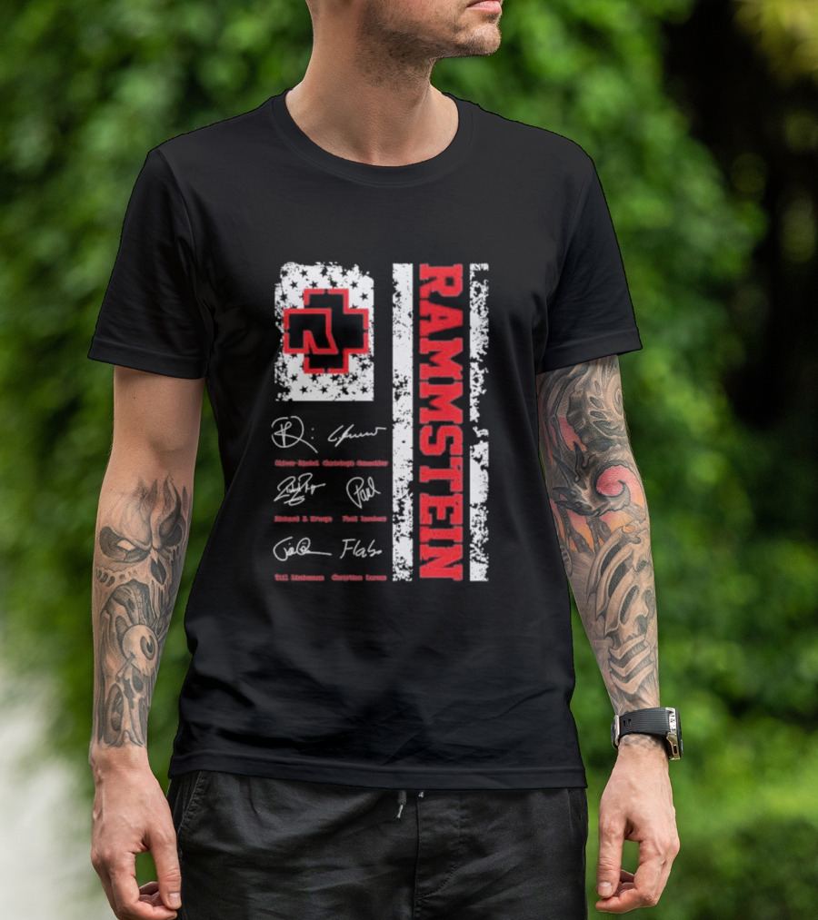 Rammstein Logo With Band Member Signatures And Cross T-Shirt