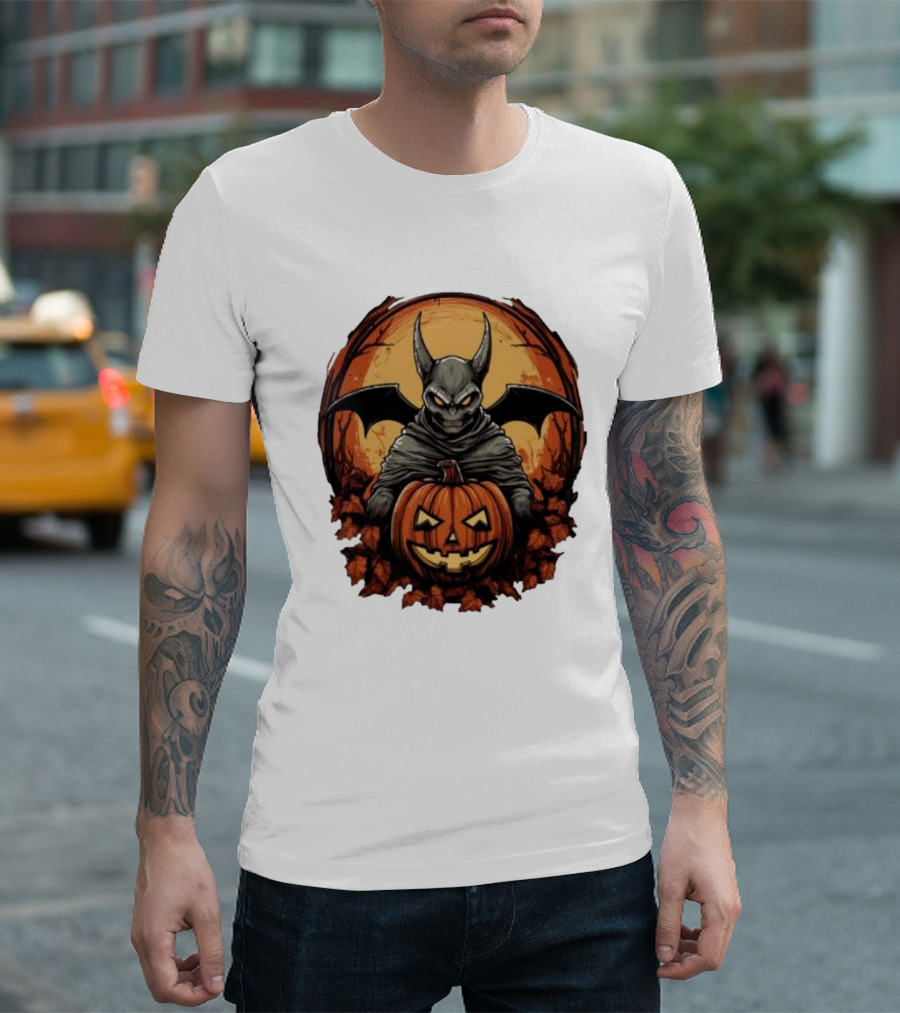 Bat Devil Pumpkin Halloween Moon Shadows T-Shirt