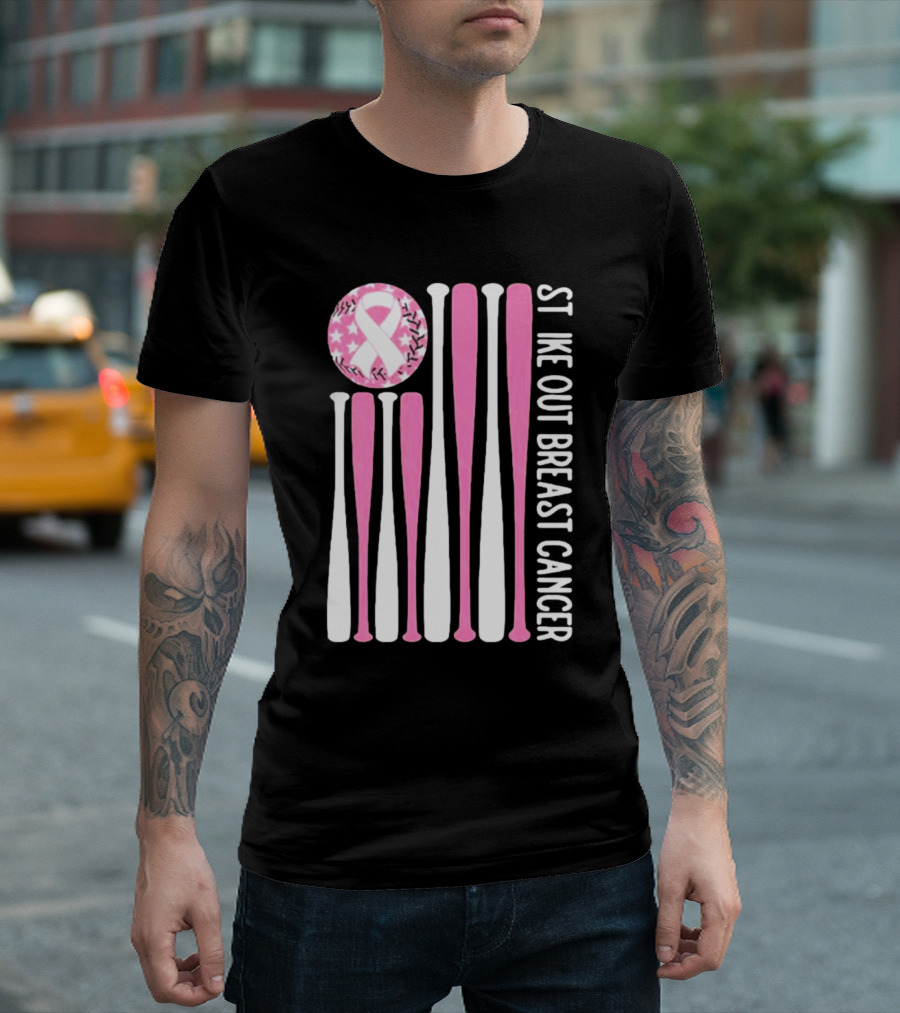 Strike Out Breast Cancer Baseball Pink Ribbon American Flag T-Shirt