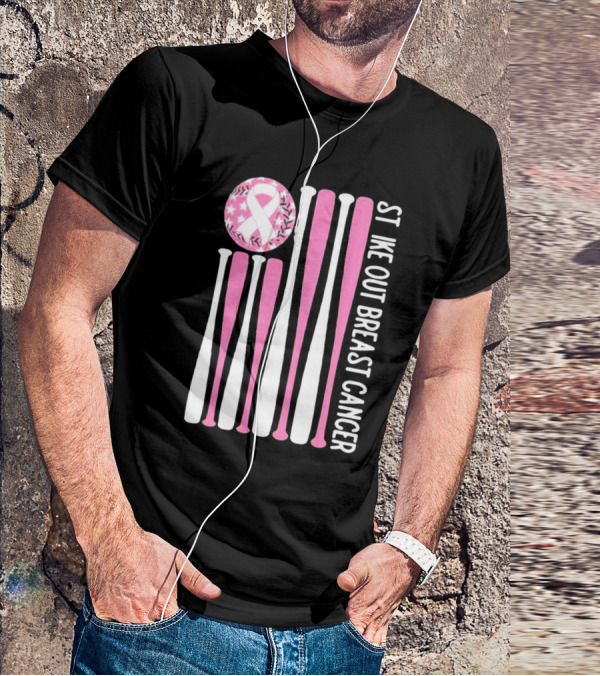 Strike Out Breast Cancer Baseball Pink Ribbon American Flag T-Shirt