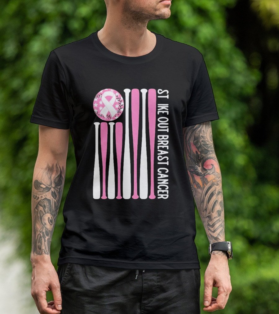 Strike Out Breast Cancer Baseball Pink Ribbon American Flag T-Shirt