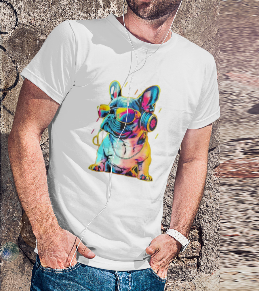Bulldog Neon Headphones Vibrant Colors T-Shirt