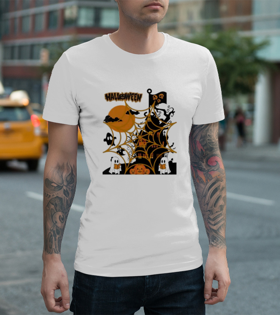 Halloween Spider Web Castle Moon Ghosts Pumpkins T-Shirt