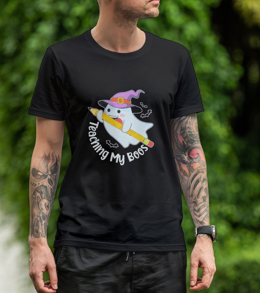 Teaching My Boos Halloween Ghost Funny Teacher Witch Hat Bat Pencil T-Shirt