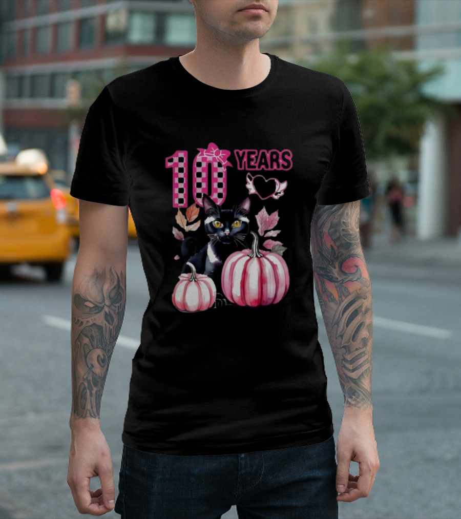 10 Years Black Cat Pink Pumpkin Birthday T-Shirt
